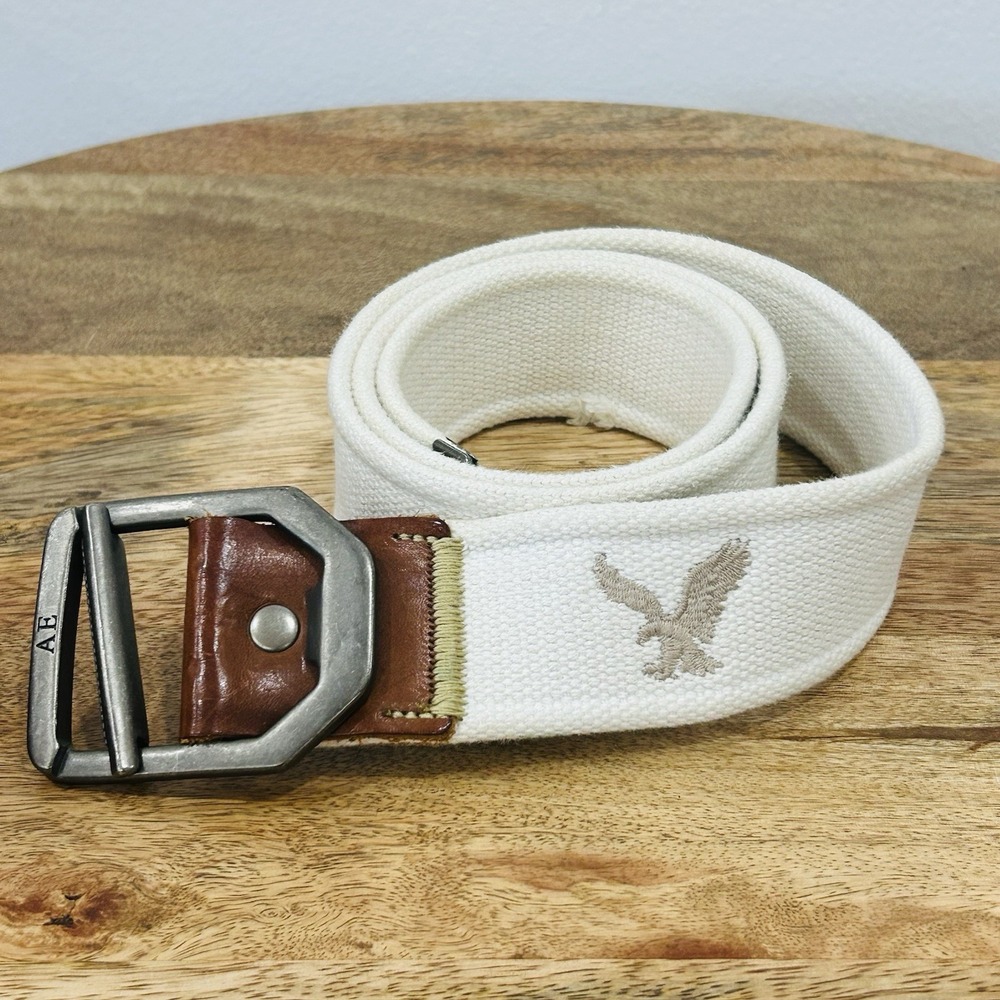 American Eagle Mens Cream Cotton Web Belt Leather Trim Eagle Logo Small 44.5"